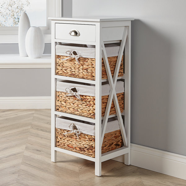 White cupboard deals with wicker baskets